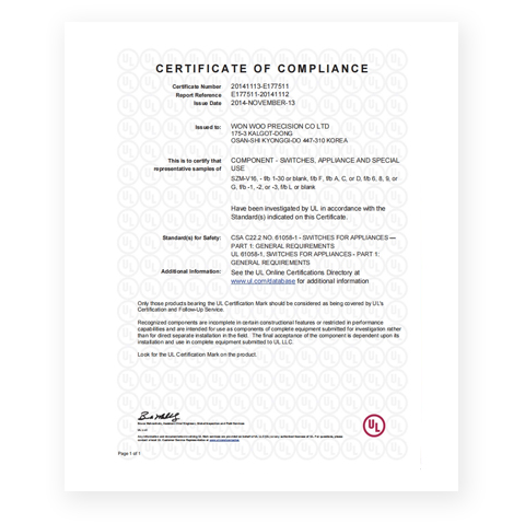 UL-61058 Certificate SZM-V16