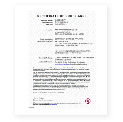 UL-61058 Certificate SZM-V11