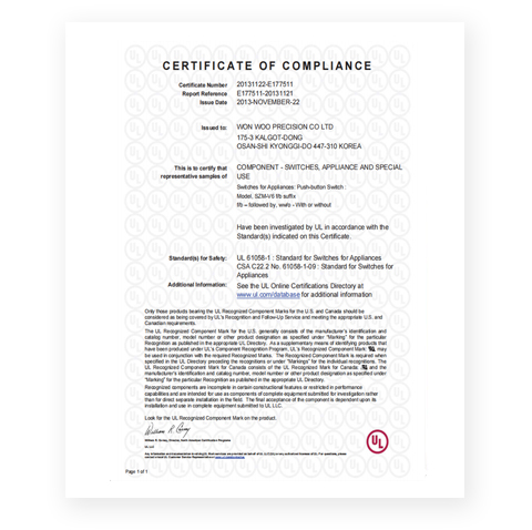 UL-61058 Certificate SZM-V6